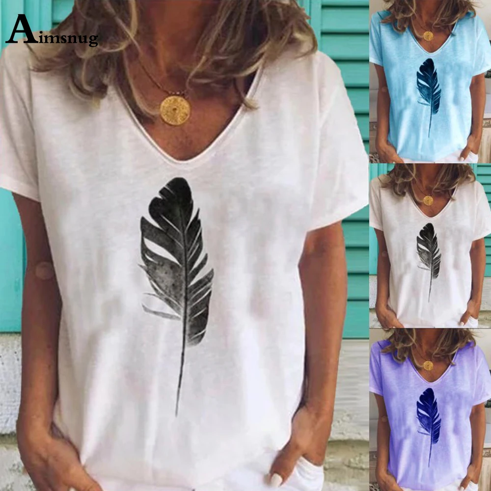 

Aimsnug 2021 Summer Women's Top Clothing Feather Printed Blouse V Neck Blusas Female Short Sleeve Plus Size 3xl Casual Shirts