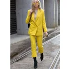 Элегантные желтые Формальные Деловые женские брючные костюмы, модные женские брючные костюмы, женские костюмы, блейзер с брюками на заказ