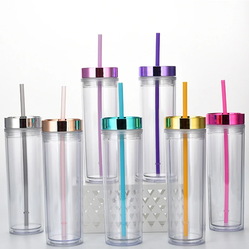 

Wholesale Clear Skinny Tumbler Double Wall 16oz Acrylic Tumbler Cups With Straw and Metal Lids For Personalized Party Gifts
