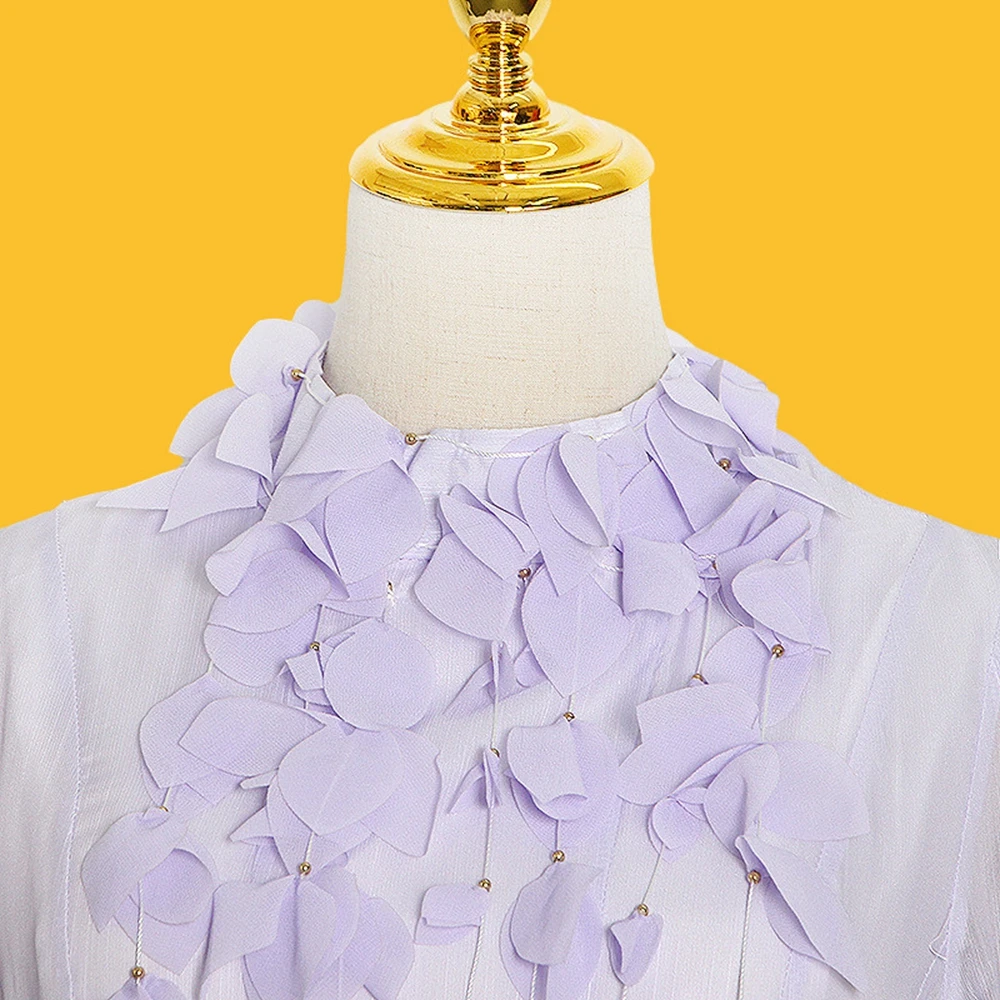 

2021 new European and American fashion brand dress women stand-up collar petals lantern sleeves wood ears printed puffy dress