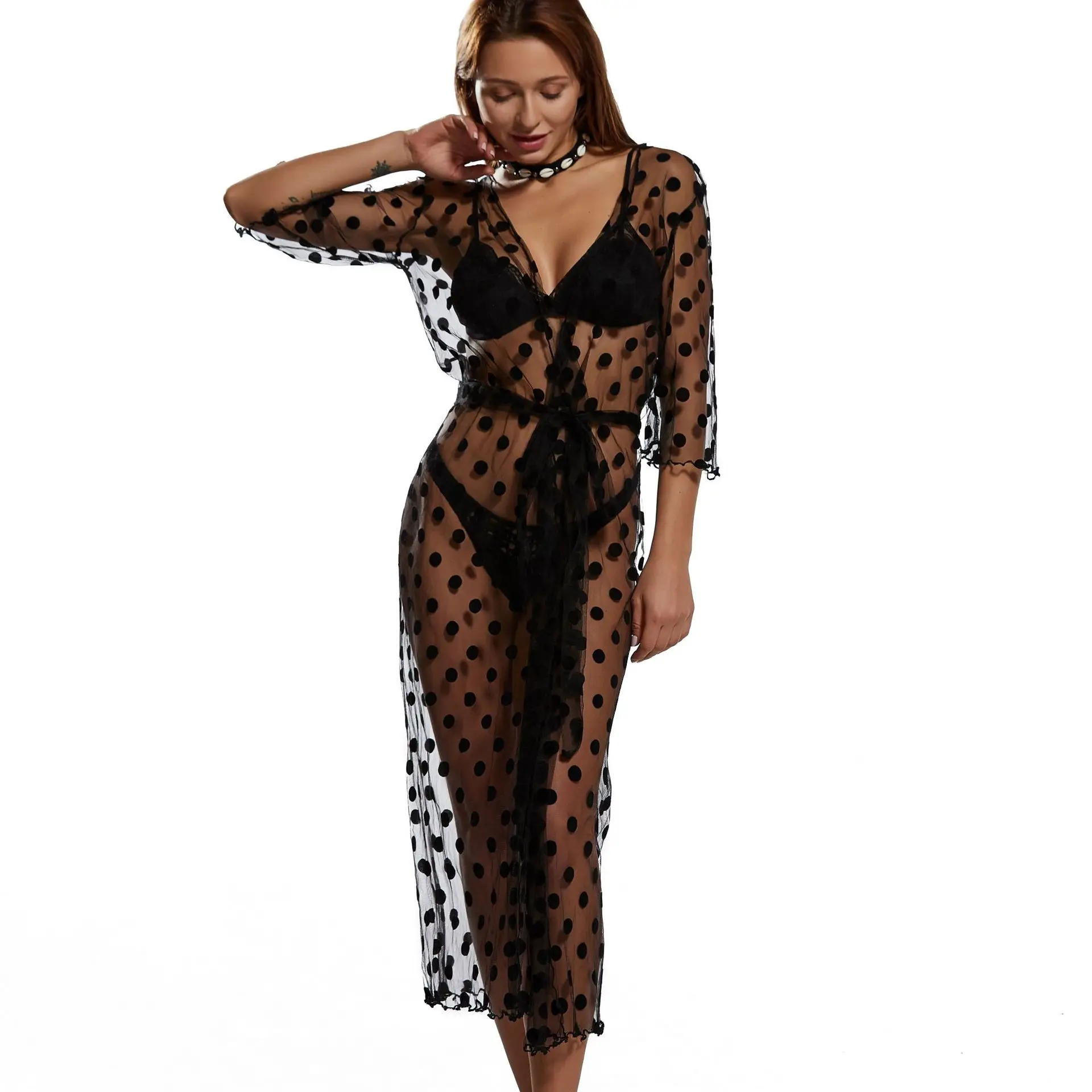 Черный сексуальный перспективный сетчатый в горошек чехол для женщин бикини