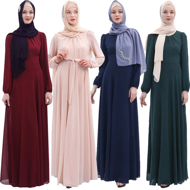 

Ramadan Muslim Women's Chiffon Dress Summer Arab Solid Color Plus Size Dress Women 2021