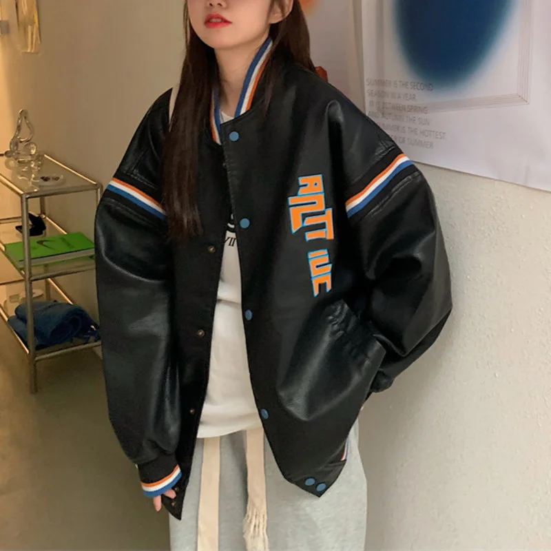 

Черная кожаная куртка, Женская Осенняя бейсбольная куртка из искусственной кожи, свободная куртка, мотоциклетный Топ