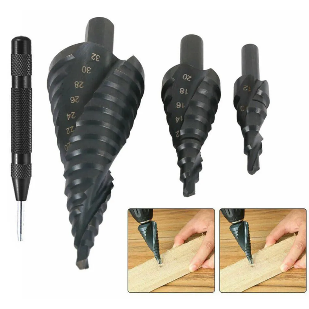 

Hex Shank HSS Stepped Cone TITANIUM Drill Bit Hole Cutter With Center Punch Hardware Hole Opener Pagoda Drill Set