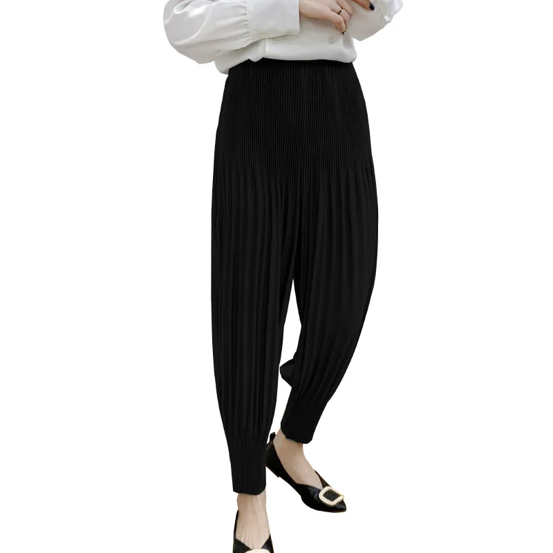 

LANMREM 2021 Autumn elastic waist pleated pencil pants black color light weight all-match cloth for women fashion tide 2A2876