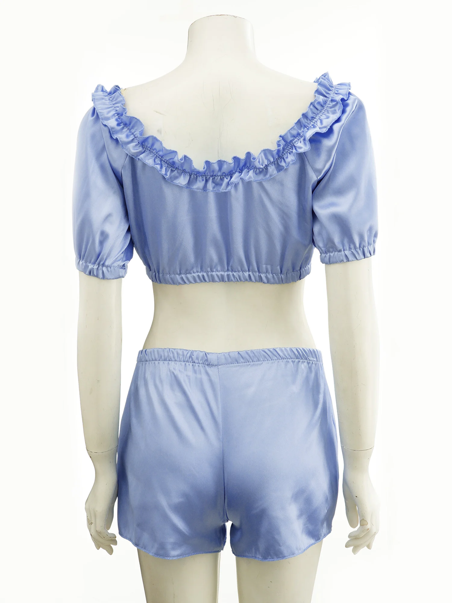 

Women Sissy Exotic Sets Two-piece Satin Pajamas Set Nightwear Homewear Lace-up Ruffles Crop Top with Mid Waist Shorts