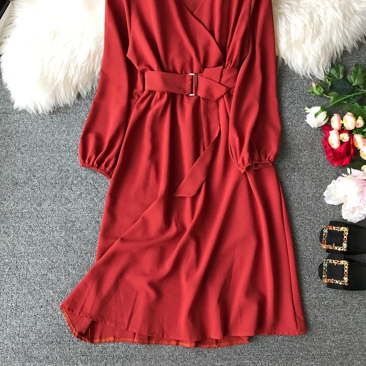 ALPHALMODA осеннее офисное женское платье с длинными рукавами и поясом, новое повседневное шифоновое платье с высокой талией и v-образным вырезом, однотонное женское платье до середины икры