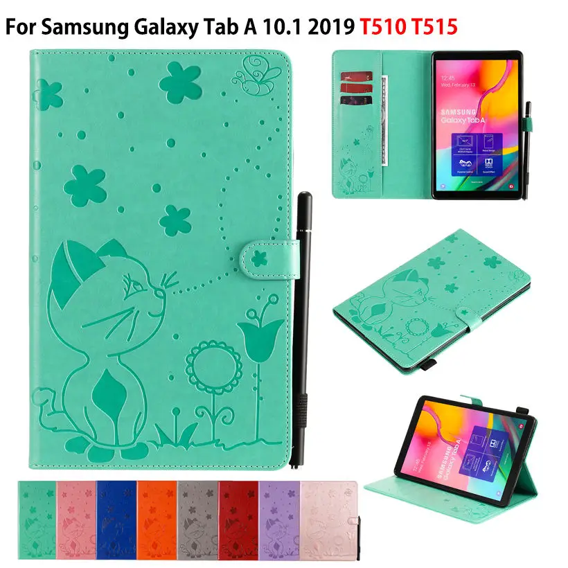 

For Samsung Galaxy Tab A 10.1 2019 Case SM-T510 SM-T515 T510 T515 Funda Coque Cat Bee Embossed PU leather Stand Shell +Gift