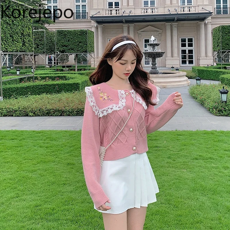

Корейский женский кардиган, Новинка осени 2021, шикарный розовый свитер в Корейском стиле, куртка с цветочной вышивкой и кукольным воротником...