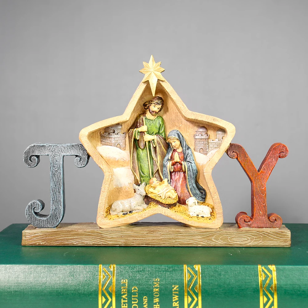

Nativity Stable Jesus Born Scene Manger Priest Virgin Maria Pentagram JOY Holy Brilliance Ornament Figurines Church Home Decor