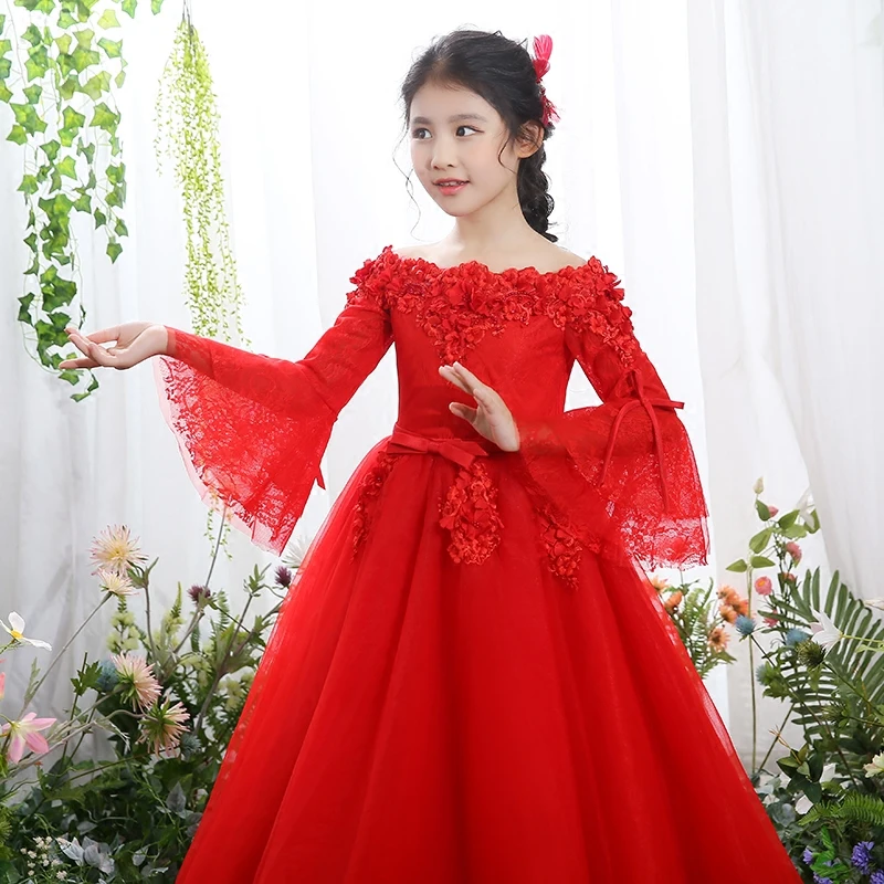 Sales Promotion Children Girls Luxury Spring Shoulderless Birthday Wedding Party New Year Festival Princess Fluffy Lace Dress | Детская