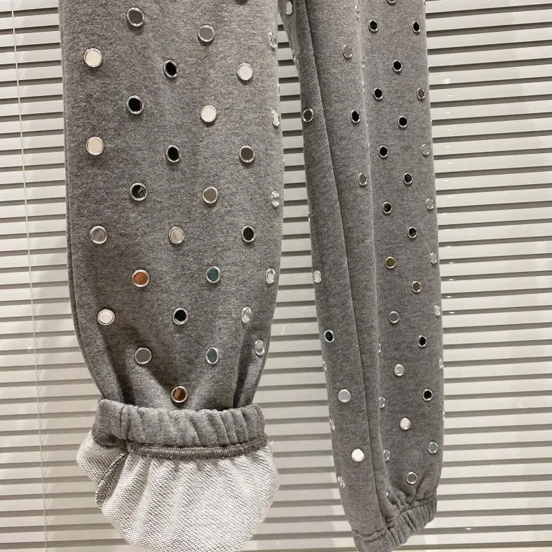 2021 Spring New Full Leg Rivet Women Sweat Pants Drawstring Elastic Waist Loose Gray Pants