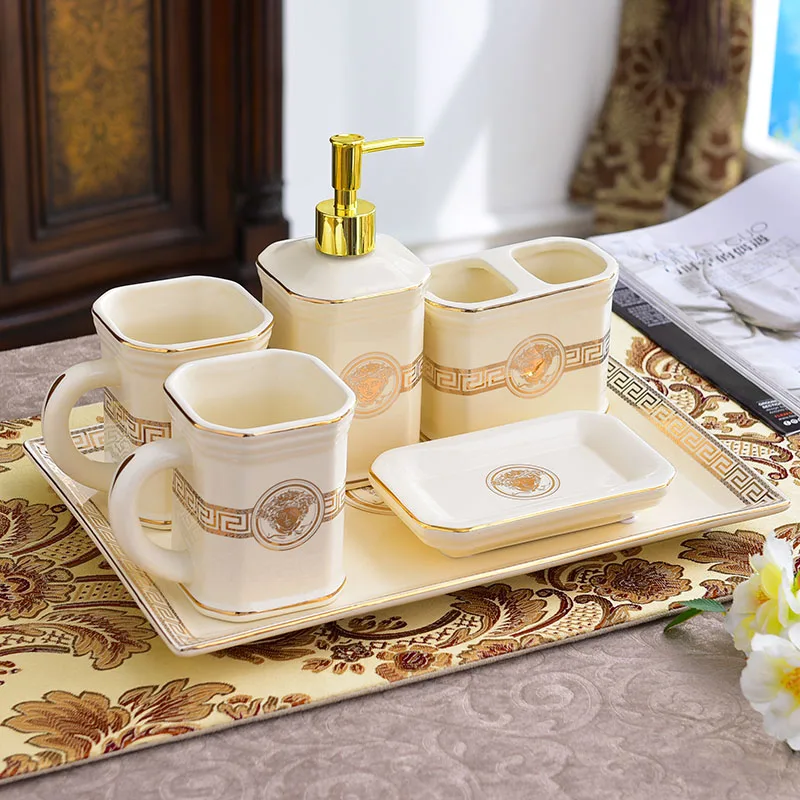 

Bathroom Accessories Set Ceramic Tooth brush Holder Soap Dish Soap Dispenser Gargle Cup Dew Container 5pcs per set