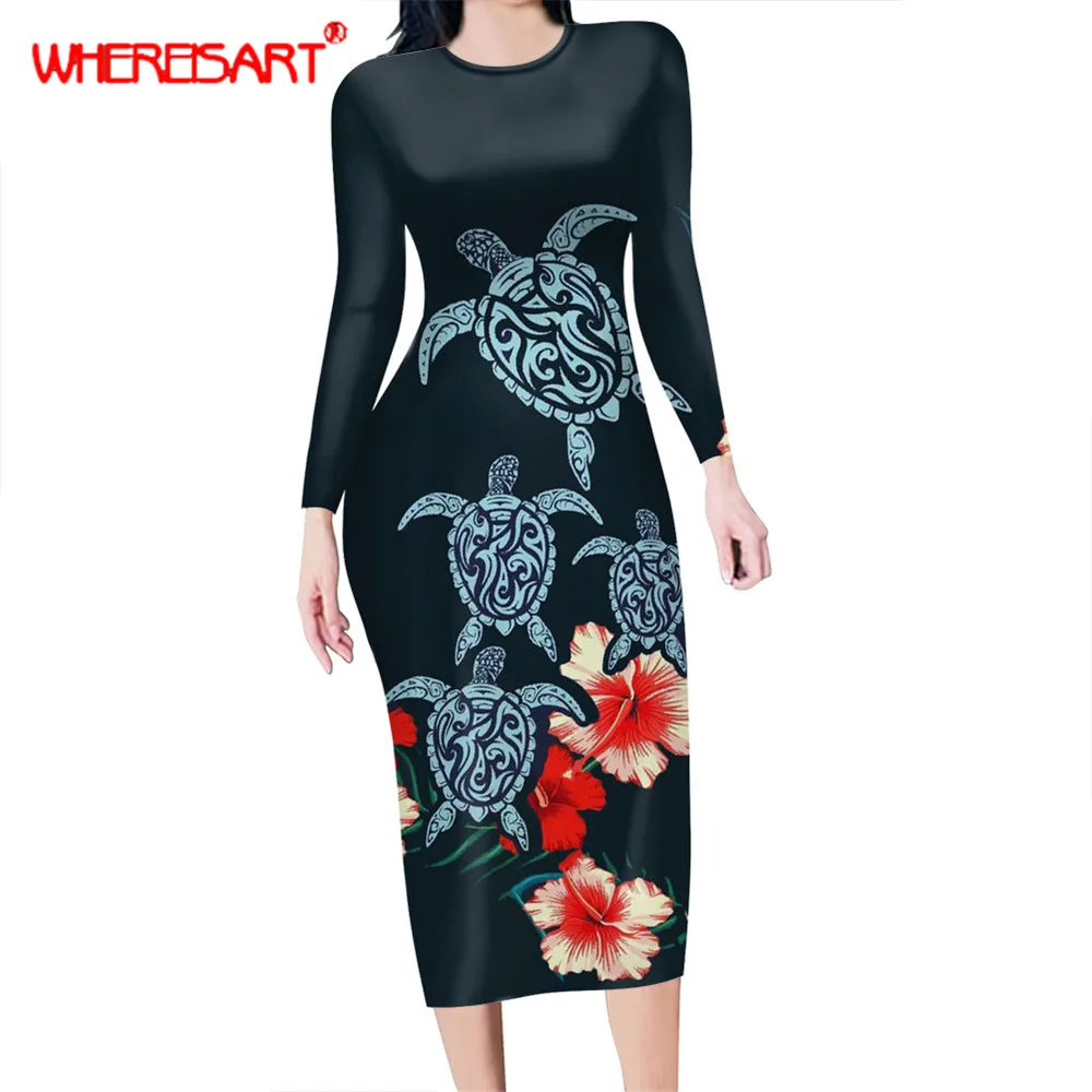 

WHEREISART Polynesian Hawaiian Turtle Hibiscus Printed Bodycon Long Maxi Dress Night Club Party Polynesian Floral Pencil Dress