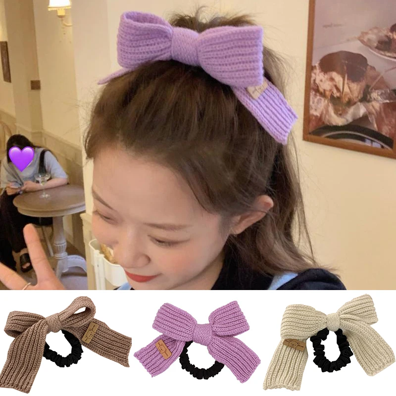 Korean Winter Wool Knitted Bow Hair Rope Solid Color Scrunchies Big Bowknot Ring Accessories Girls Bands |