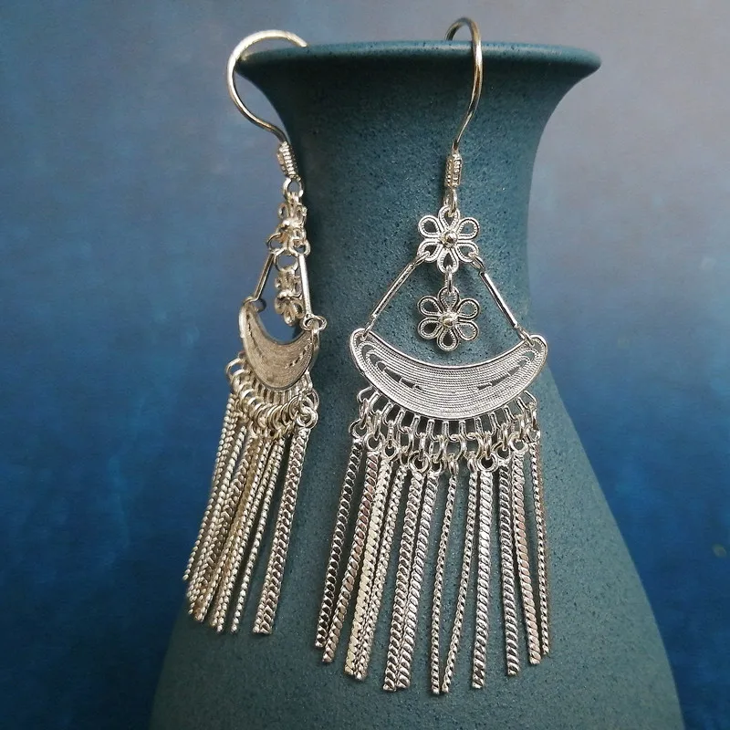 Женские серьги-кисточки из серебра 999 пробы в этническом стиле