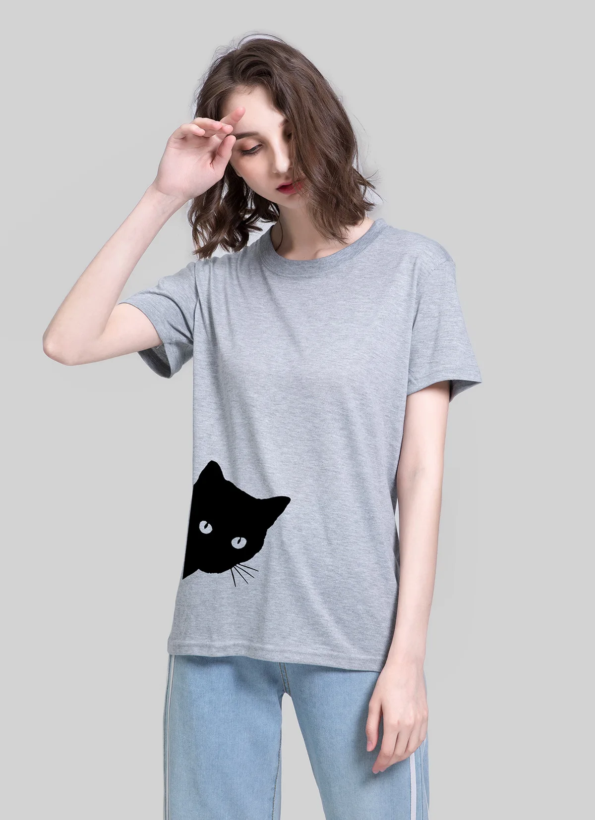 

Za 2021 Summer Cat Pattern Printed Round Neck Slim Short Sleeve T-shirt Female btso top mujer zaraing