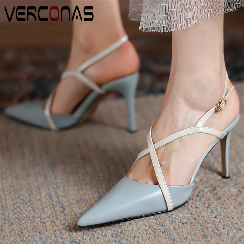 

VERCONAS 2021 Women Spring Summer Sandals Fashion Concise Cross-Tied Genuine Leather High Heels Shoes Woman Office Lady Party