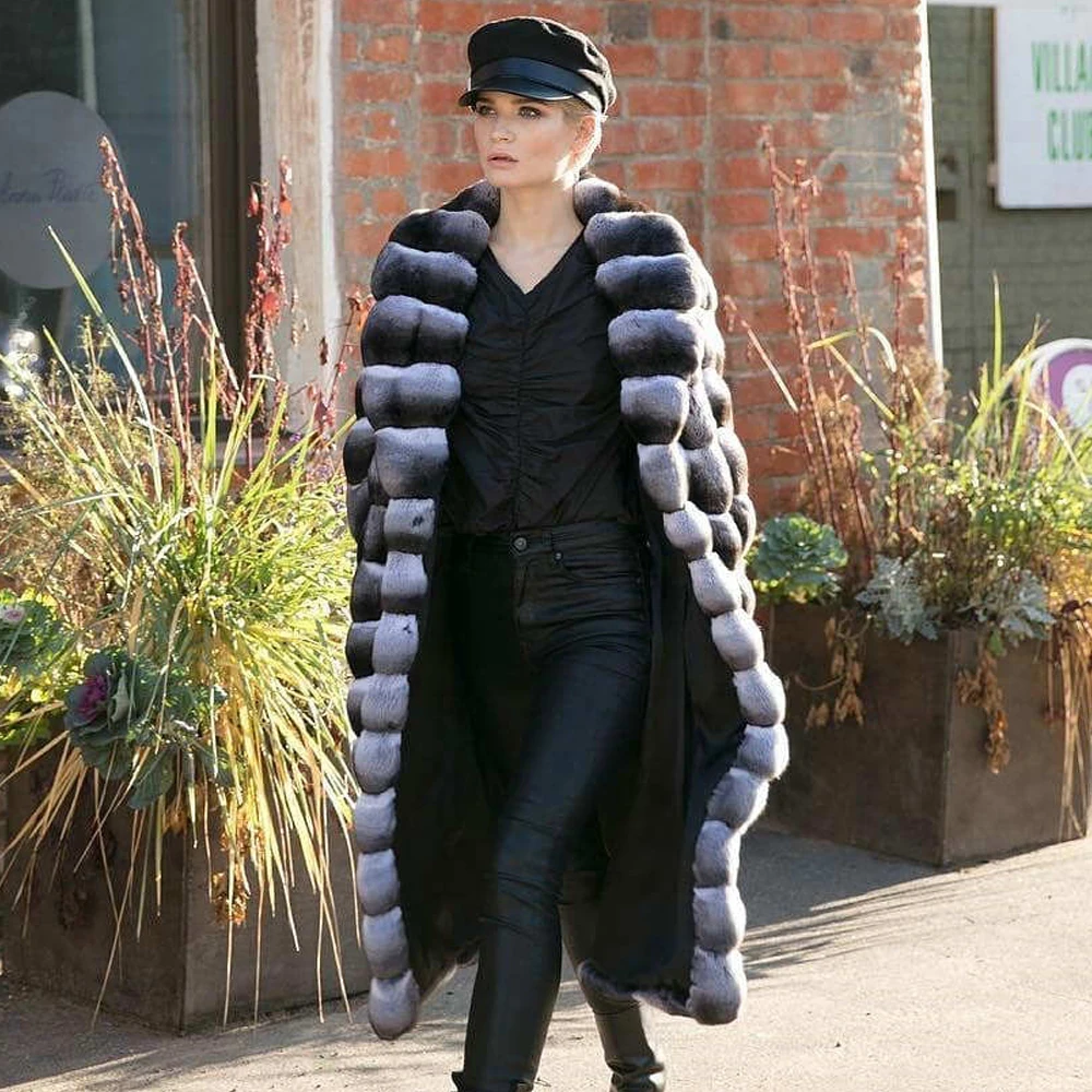 Fashion X-long Natural Rex Rabbit Fur Coat Chinchilla Color Natural Women Genuine Rex Rabbit Fur Coat Turn-down Collar Overcoats