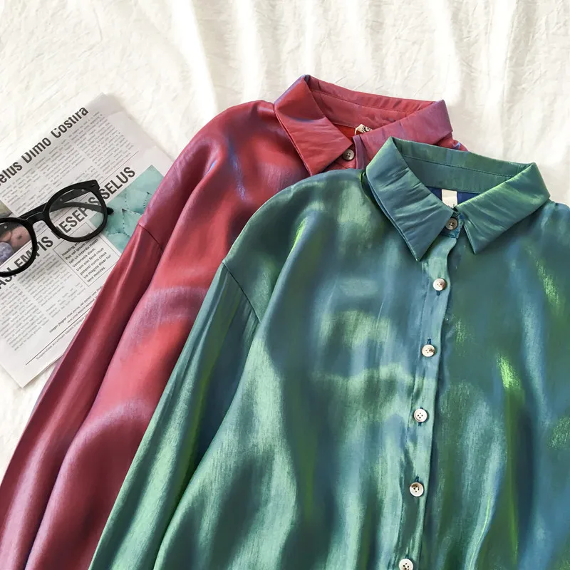 Новинка 2019 Ретро стиль поляризационная атласная рубашка с длинным рукавом