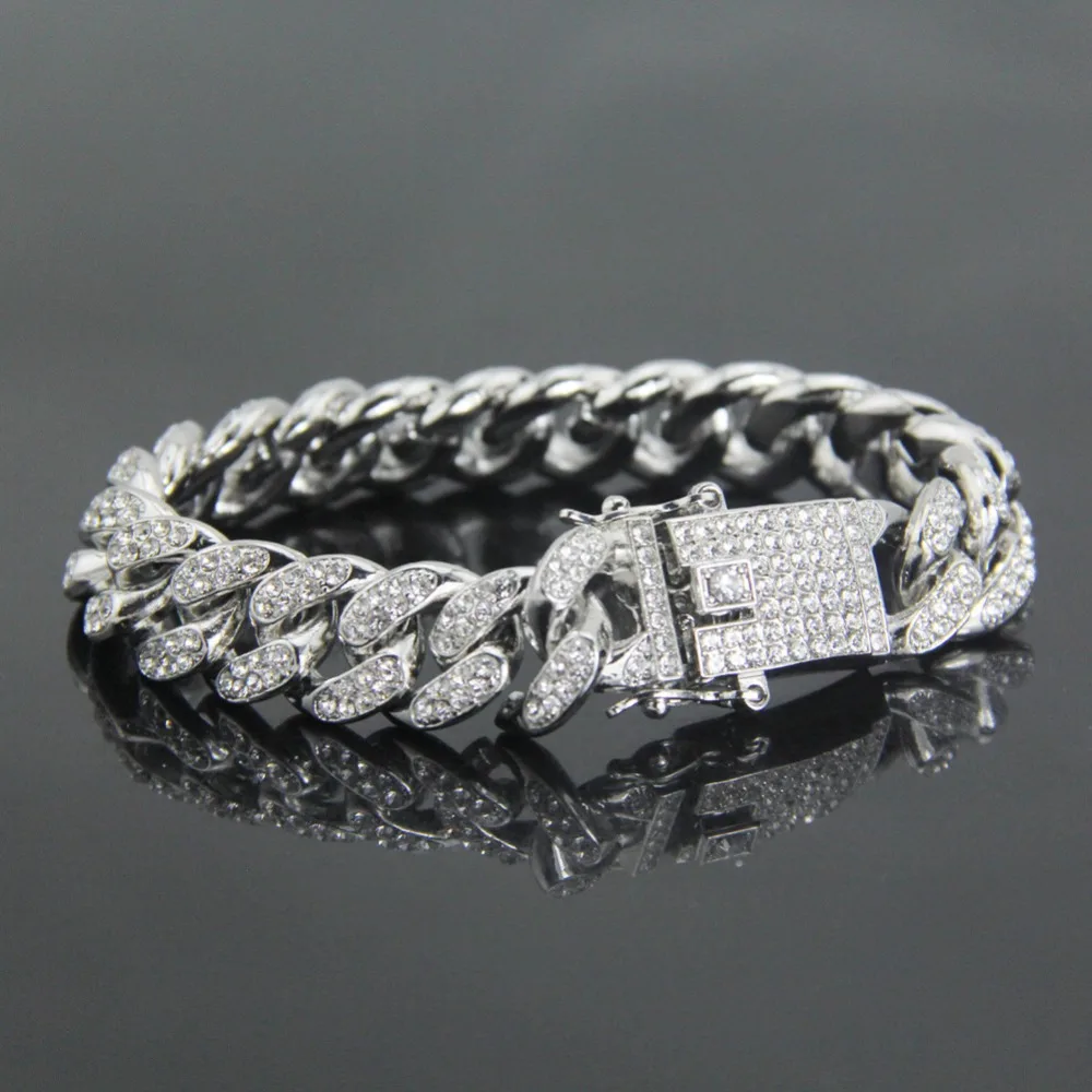 Панк Iced Out Bling Полный горный хрусталь США кубинские браслеты-цепочки 12 мм хип хоп серебряные ювелирные изделия Модные Pulseras Para Hombre