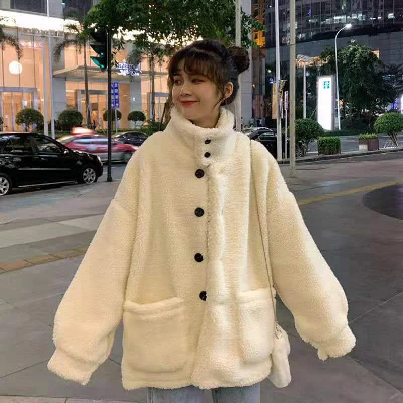 

Women's Casual Lamb Wool Coat Korean Kawaii Loose Faux Fur Teddy Overcoat Female Harajuku Shaggy Warm Pockets Jackets Outerwear