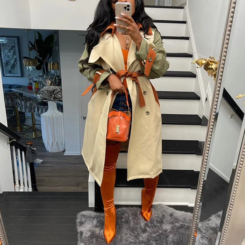 

Women Autumn Fashion Full Sleeve Patchwork Double Breasted Trench Coat Elegant Slim Windbreak Long Jacket
