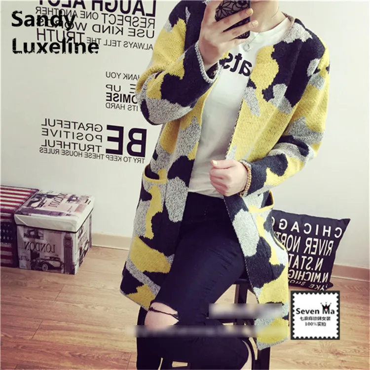 Женский длинный кардиган камуфляжной расцветки Свободный вязаный базовое