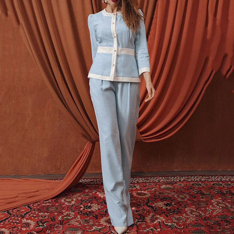 

WEPBEL Women's Slim-Fit Solid Stitching Suit Summer High Waist Straight Pants + Long-Sleeved Single-Breasted O-Neck Top Suit