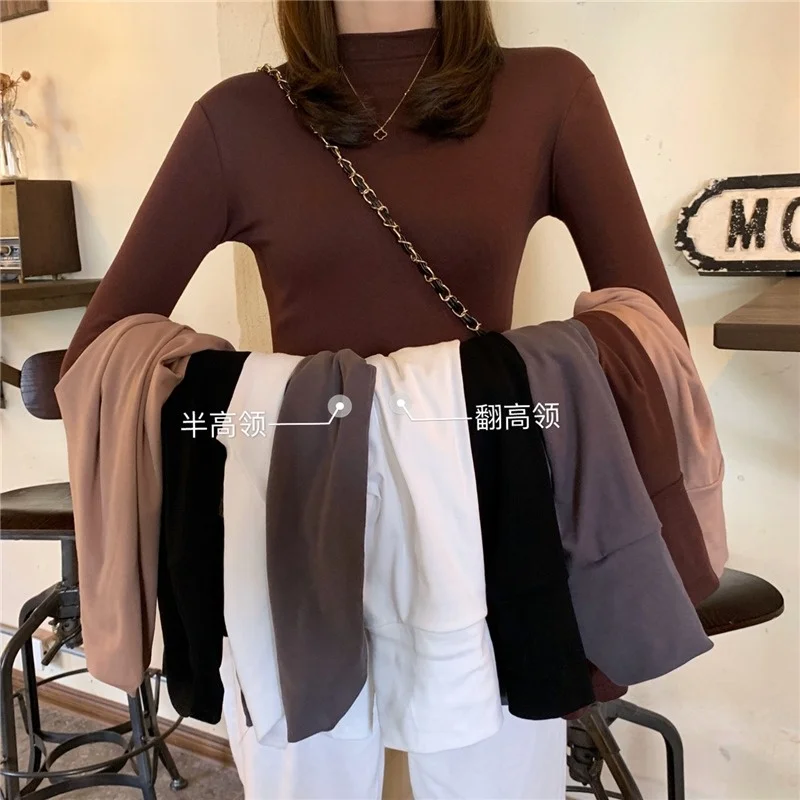 

Корейская версия рубашка с ворсовым воротником Женская универсальная тонкая футболка на осень и зиму Новинка 2021 облегающий Топ с длинным р...