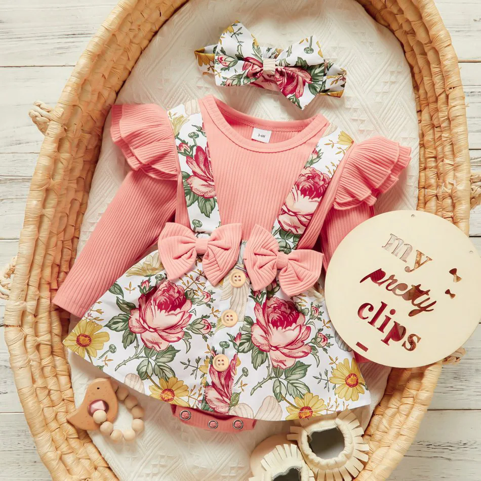 

2021 Baby Newborn Girl Long-sleeved Bow-knot Tights Skirt Baby Overall Skirt Headband 3 Piece Set Spring And Autumn Set