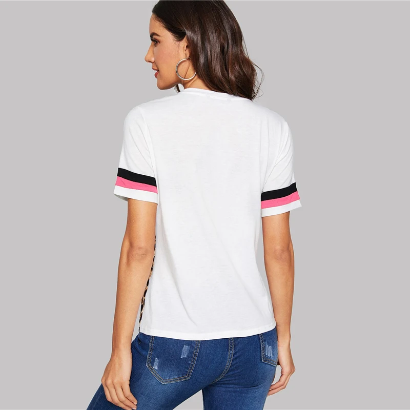 SHEIN Color Block Cut-and-Sew Leopard Panel Top Short Sleeve O-Neck Casual T Shirt Women Summer Leisure Ladies Tshirt Tops