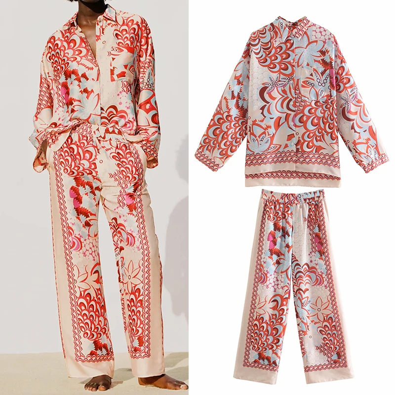 

Весенне-летняя Свободная рубашка ZA2021 с этническим принтом, драпированные прямые брюки с эластичной талией, костюм из индийского полиэстера...