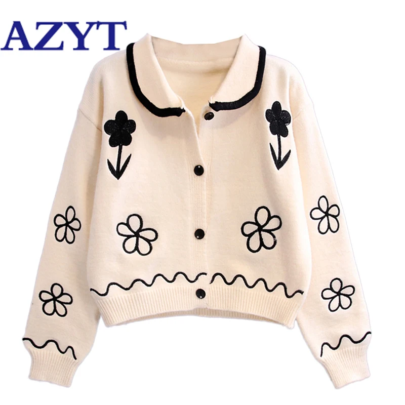 

AZYT осенний женский укороченный кардиган 2020 с цветочной вышивкой и отложным воротником, вязаный свитер, пальто, Повседневный Кардиган Mujer, тр...