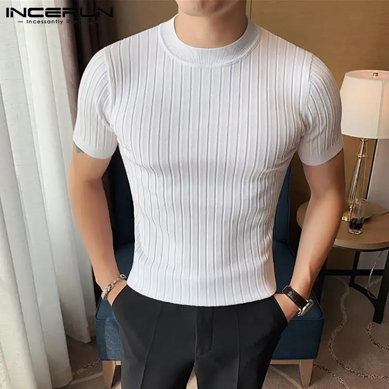 

Футболка INCERUN мужская с круглым вырезом, однотонная трикотажная Облегающая рубашка с коротким рукавом, уличная одежда, повседневная корейс...