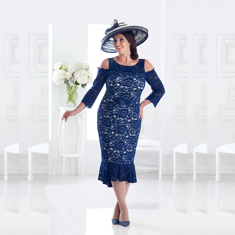 

2021 New Gorgeous Royal Blue Lace Mermaid Mother of the Bride Dresses Tea Length Wedding Party Gowns Jewel Neck With 3/4 Sleeves