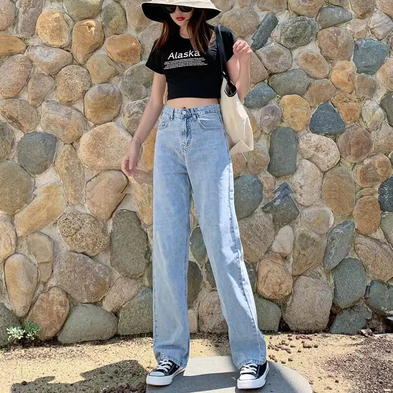 

YAMDI slim pocket denim pants women high waist button jeans woman solid solid vintage solid 2020 spring summer wide-leg pantalon