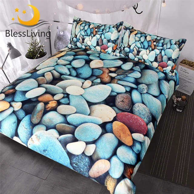 BlessLiving Beach Stones Bedding Set 3-Piece Colorful Duvet Cover 3D Printed Vivid Bed Set Rock Blue Red Orange Bedspreads 1