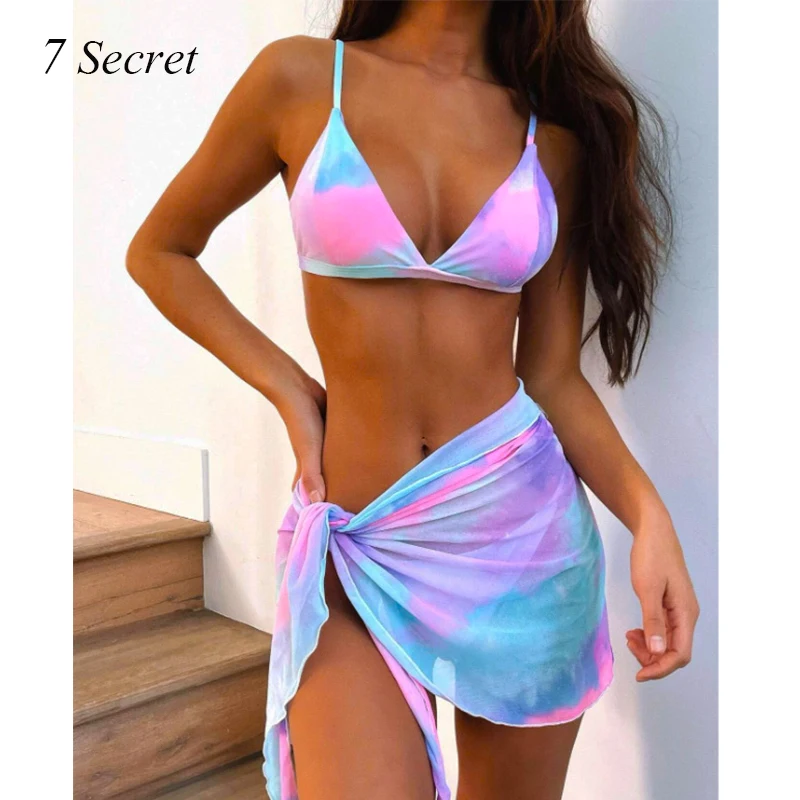 

Swimwear Women 3 Piece Bikini Set Tie Dye Print Bathing Suit Sexy Padded Beachwear Brazillian Biquini Colorful Luxury Swimsuit