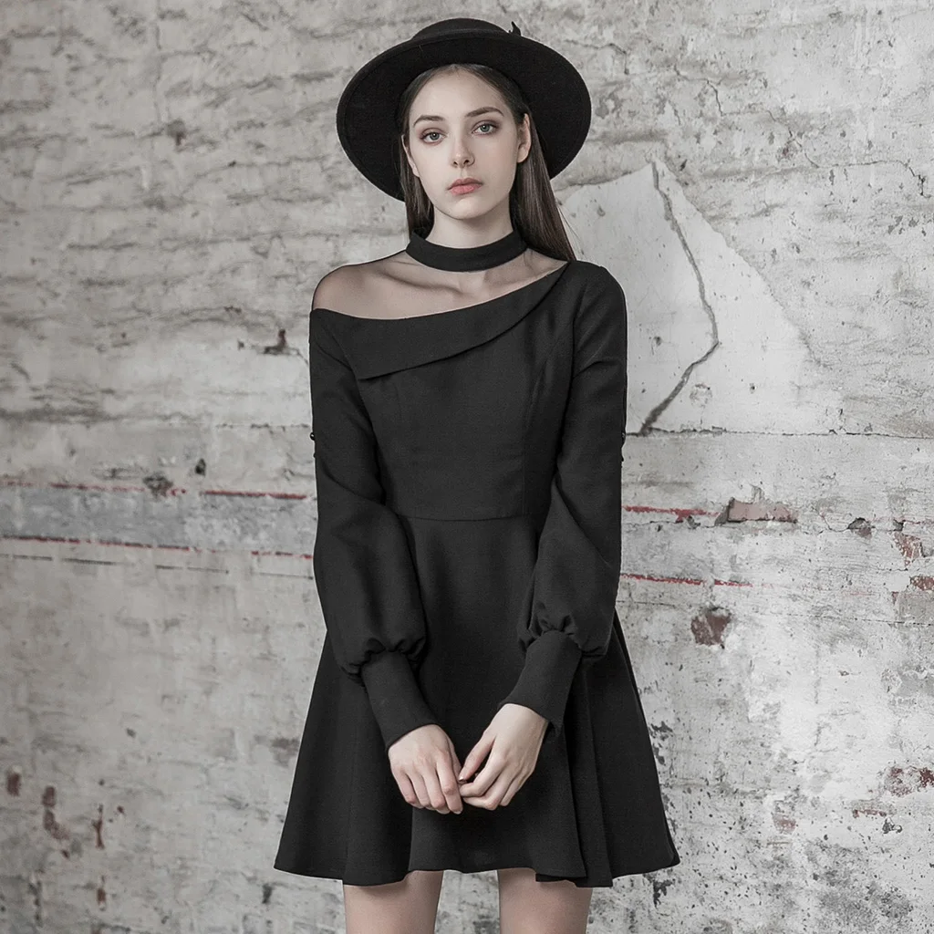 

Gothic Daily Chiffon Mesh Stitching Long Sleeve Breathable Casual Sexy Punk Dress Women's Black College Cute Dress PUNK RAVE