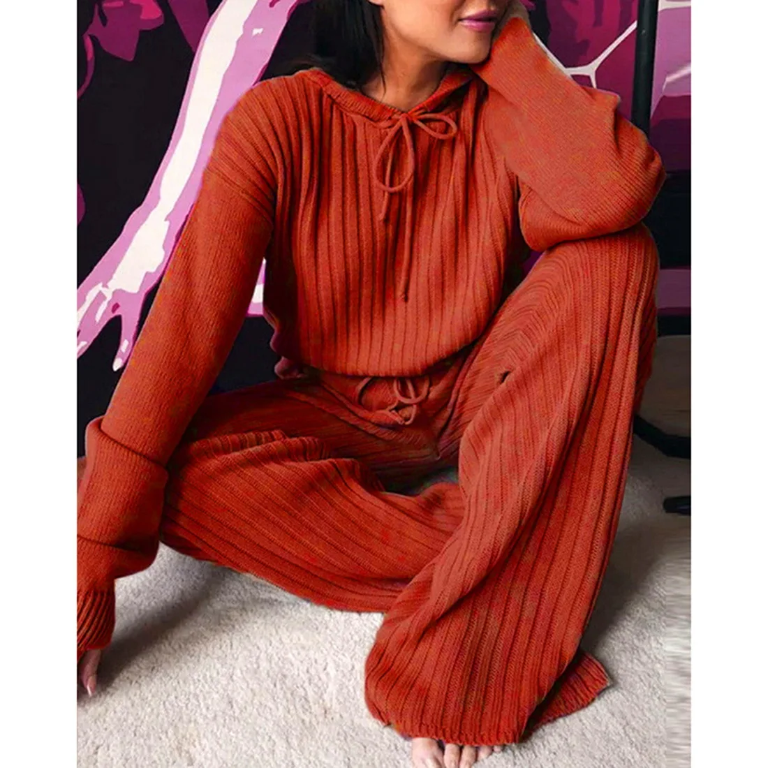 Women Solid Knitted Tracksuit Two-piece Set Hooded Sweater Long Wide Leg Trousers Ladies Fashion Suits Streetwear | Спорт и