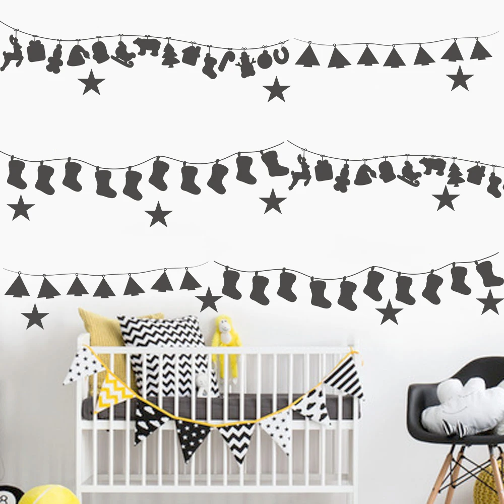 Мультяшные рождественские гирлянды носки деревья звезды настенные стикеры для