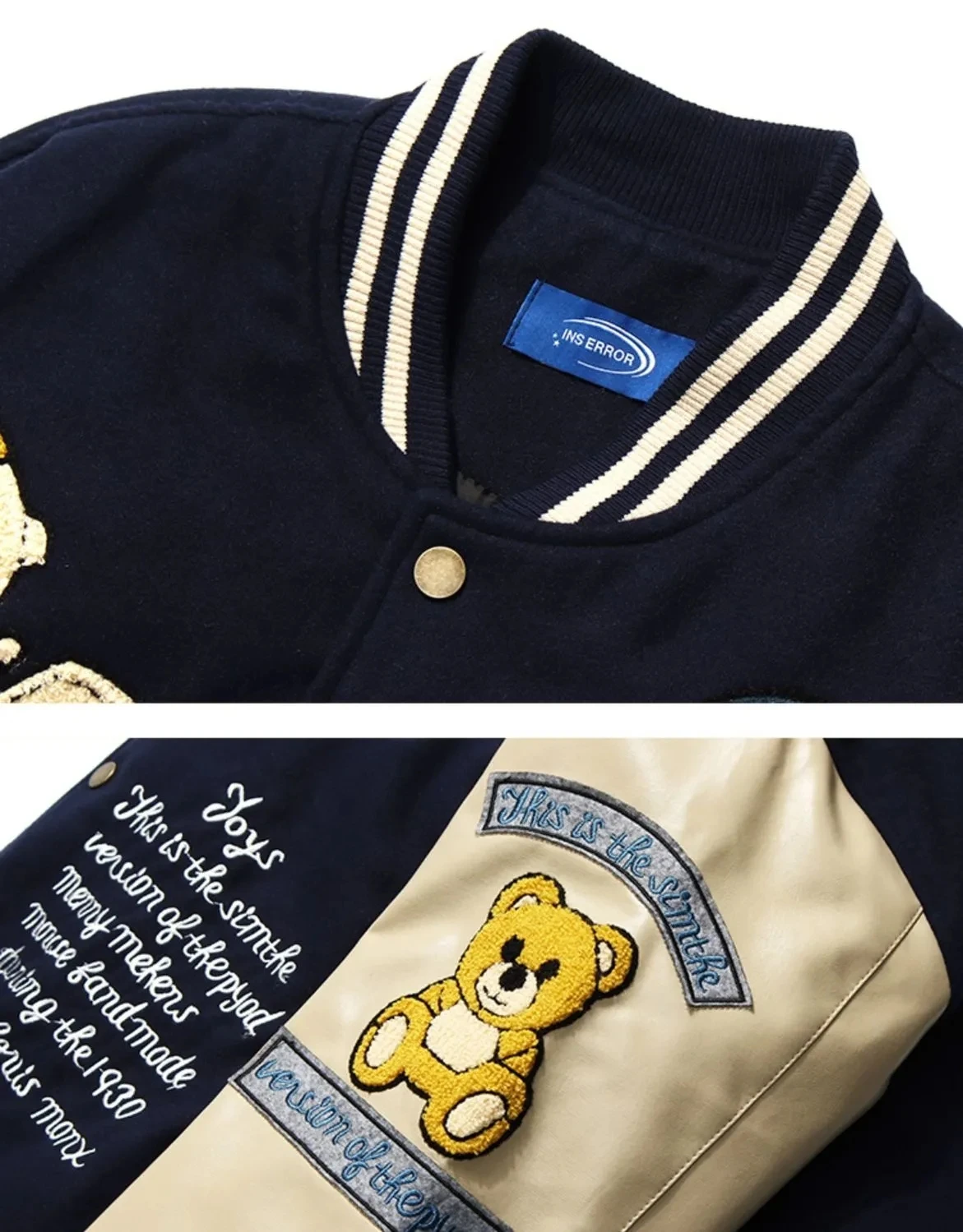 

Women's Vintage Bomber Jackets Thick Embroidery Clown Print Varsity Jacket PU Leather Cartoon Bear Streetwear Oversized Tops