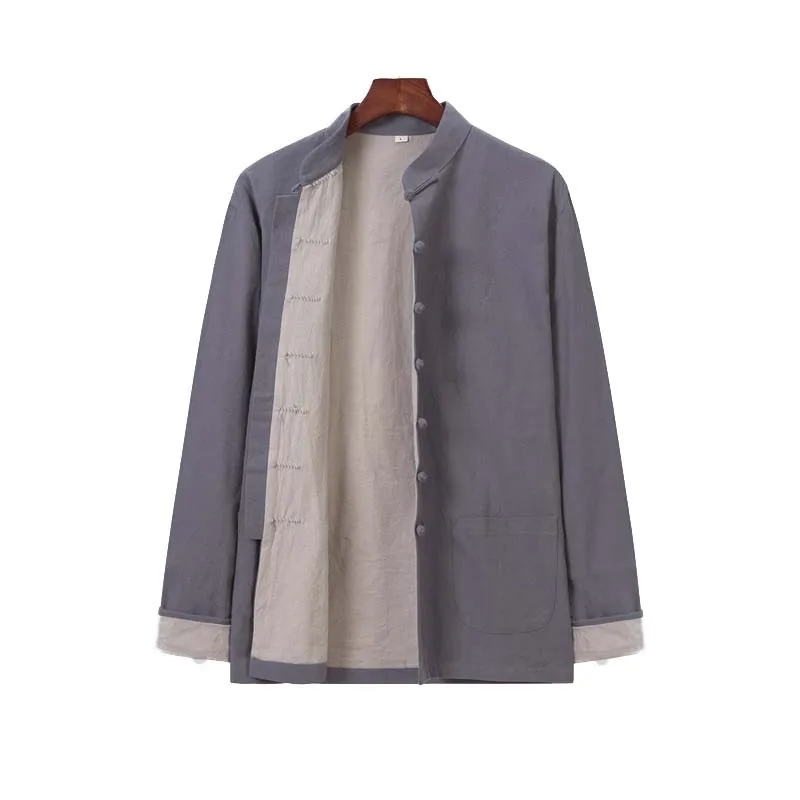 

Male Traditional Chinese Style Shirt Retro Autumn Solid Tang Suit Linen Men Buckle Casual Coat Double Layer Thick New Jacket