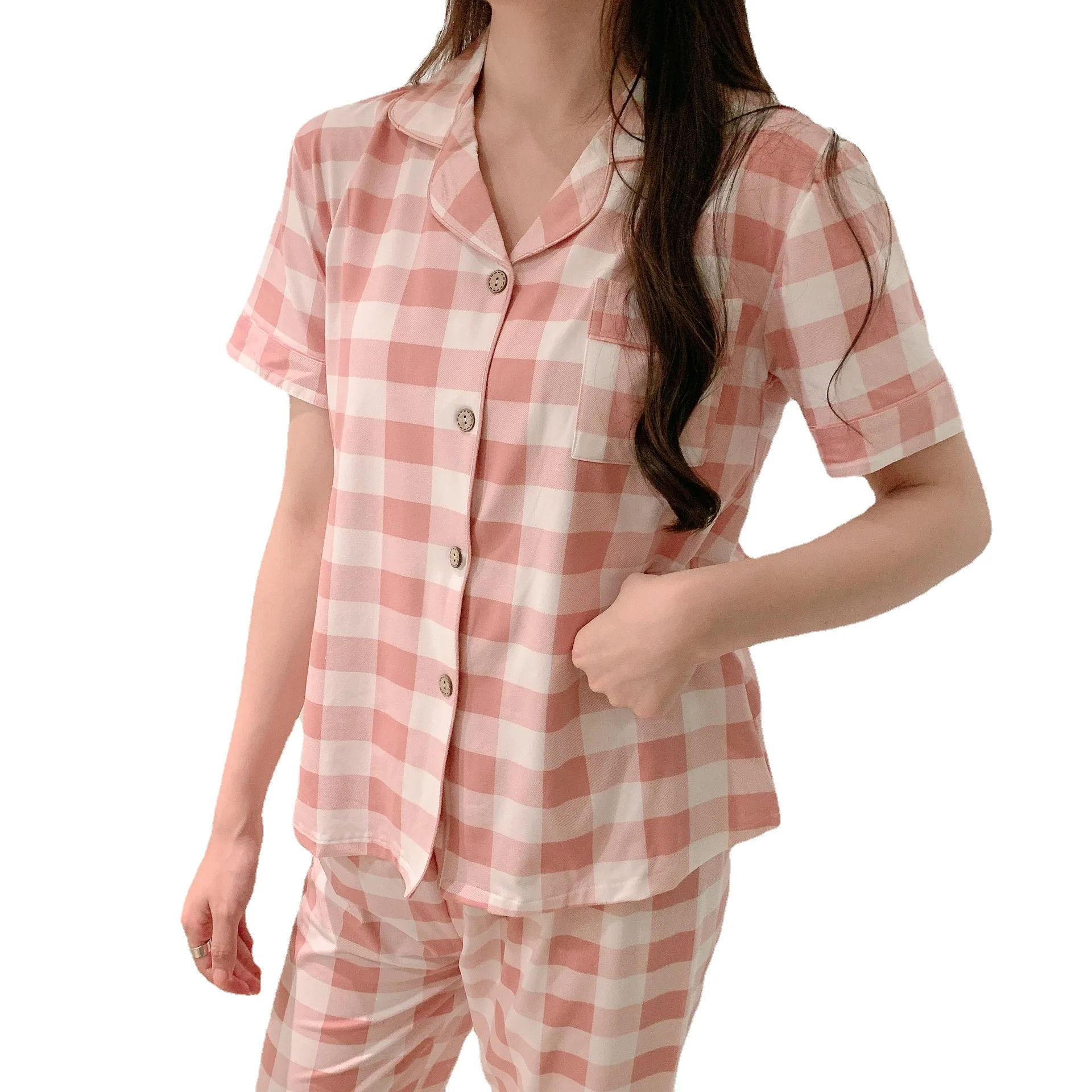 

2021 spring and summer new home plus size Korean version of thin pink plaid pajamas female suit female student home service