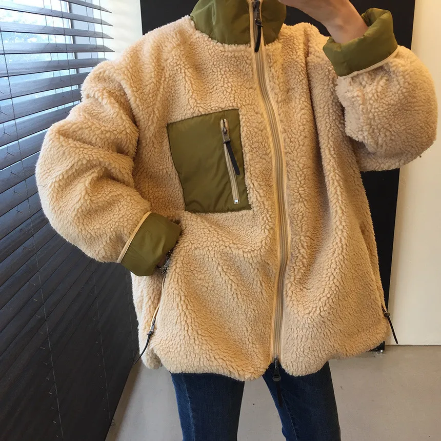 

Winter 2020 new fluffy granular pocket stitched stand collar thickened lamb wool jacket