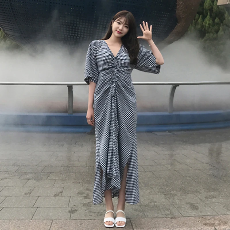

Dresses for Women Summer Vintage Plaid Dress Short Sleeve Summer Mid-Length Loose 2018 New V-neck Backless Long Dress