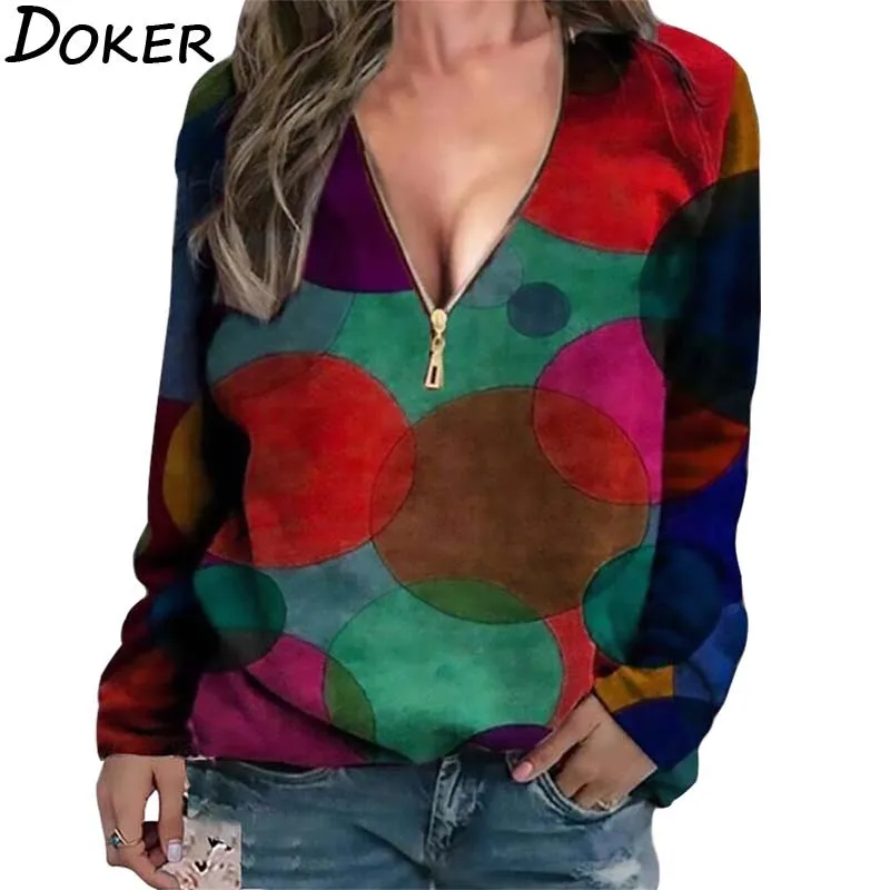 

Блузка с принтом, женская одежда, модная, на молнии, с v-образным вырезом, с длинным рукавом, размера плюс, винтажные рубашки, офисные топы и бл...