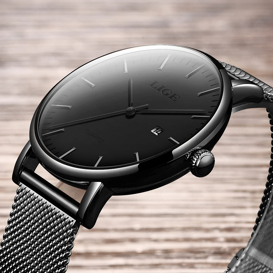 Часы LIGE Мужские кварцевые в деловом стиле черные наручные с календарем из
