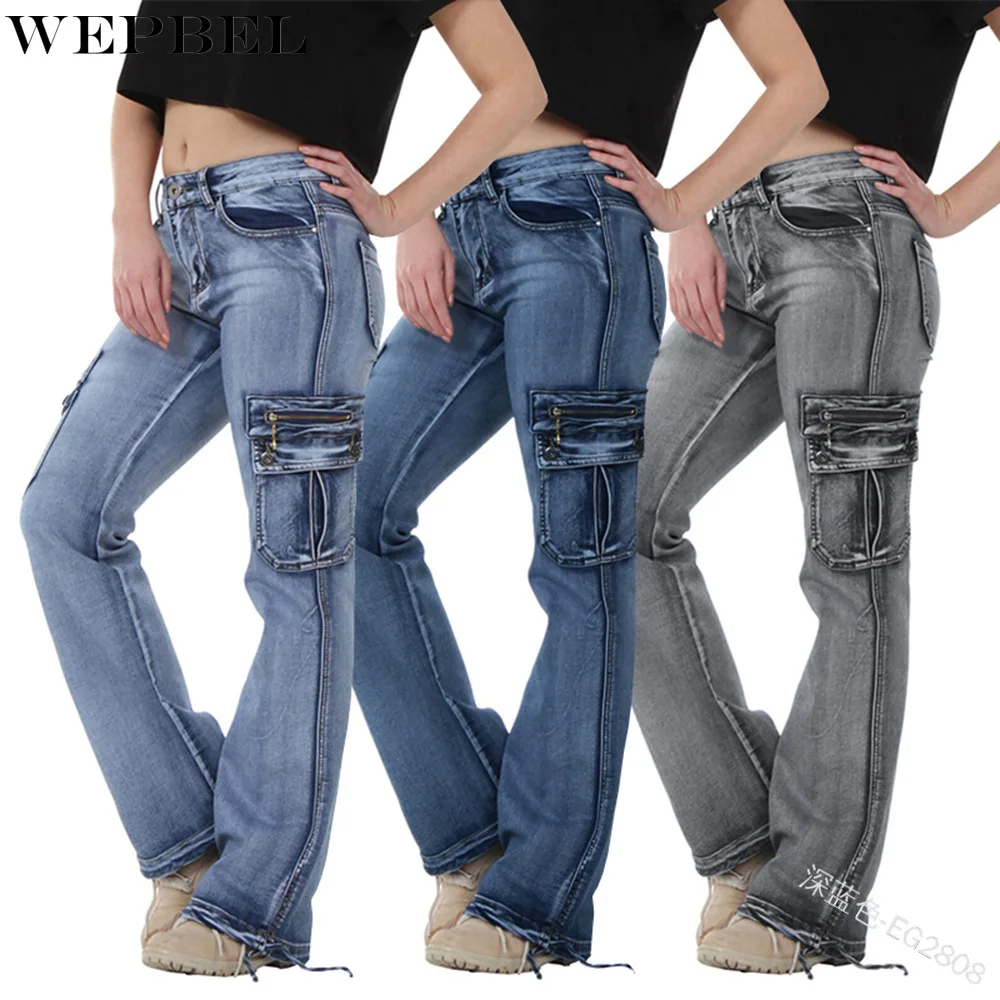 

WEPBEL Women's Casual Mid-Waist Pocket Jeans Spring and Autumn Fashion Stitching Button Denim Straight-Leg Pants